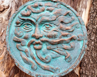 Greenman Aero cement casting and hand finished in bronze and tiffany green patina Gable Gargoyles