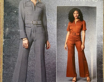 Vogue Missesのジップフロントジャンプスーツ、パッチポケット、袖オプション、ノッチカラー、ワイドレッグパンツ、サイズB5 8-16、パターンR10644/V1719 UC/FF
