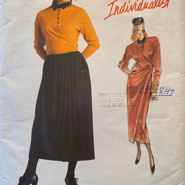 Vintage Vogue Individualist Betty Jackson Mock Wrap Dress,Midi Skirt w Pleats Front & Drape, Wrap Top w Contrast Collar Size 8 Pattern 1969