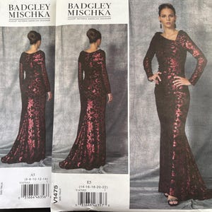 May include: A black and red lace evening gown with long sleeves and a mermaid silhouette. The dress is featured on a pattern envelope with the Badgley Mischka logo and size information. The pattern number is V1475.