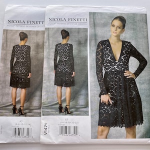 Vogue Patterns Designer Original Nicola Finetti V-Neck Lined Dress, Empire Waist, Ruffled Hem, Lace Overlay Size 6-22 Pattern V1471