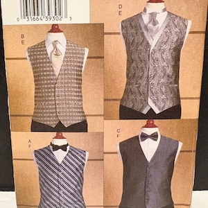 May include: A sewing pattern envelope featuring four variations of a vest. Style BE shows a geometric pattern, DE displays a paisley print, AF features diagonal stripes with a bow tie, and CF is a solid color vest with a bow tie and buttons.