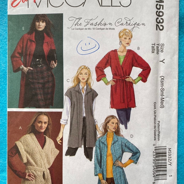 McCall’s Misses’ "The Fashion Cardigan" 2 Lengths and Sleeve Options with Belt Size XS-S-M Pattern M5932