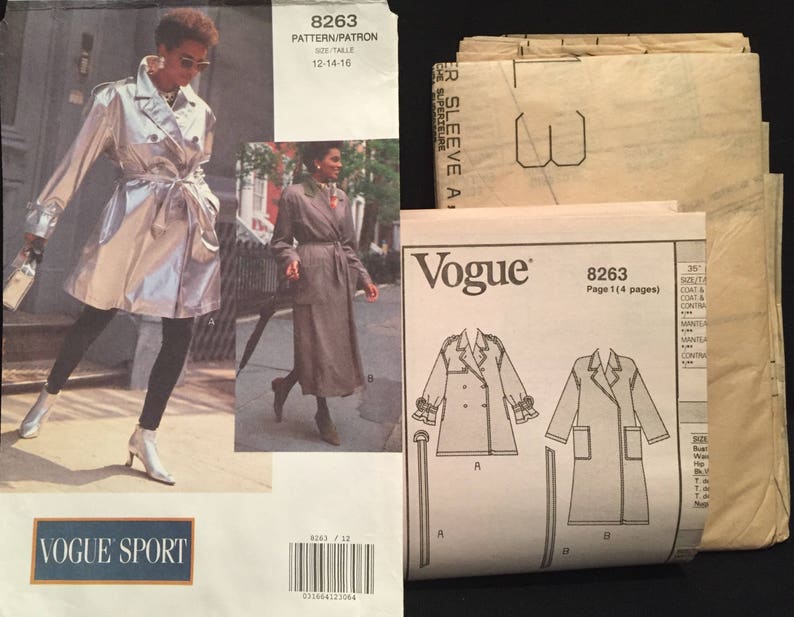 Puede incluir: Patr&oacute;n de costura Vogue n&uacute;mero 8263 para un abrigo. El patr&oacute;n es para las tallas 12-14-16. El patr&oacute;n incluye instrucciones para un abrigo de manga larga con cierre de doble botonadura. El patr&oacute;n est&aacute; impreso en papel blanco con texto negro.