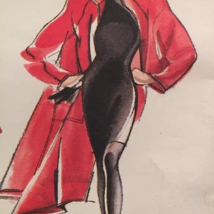 May include: A red and white jacket with a black dress and black heels. The image is from Vogue Patterns and says "Individualist" in red lettering. The sewing rating is "EASY/FACILE".