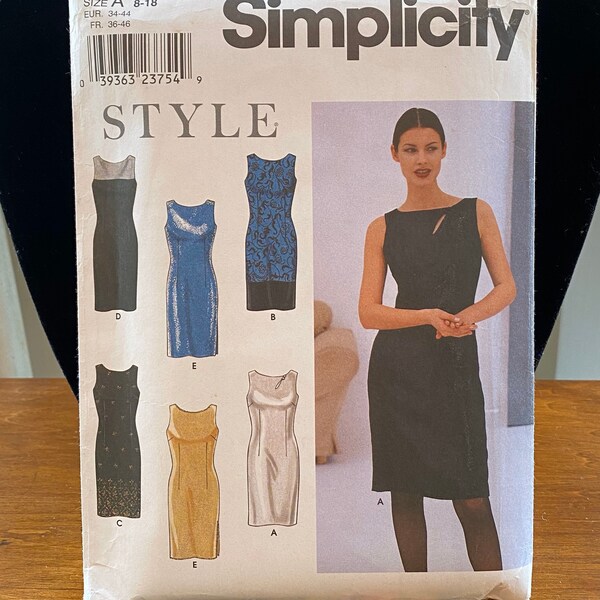 Simplicity/Style Surtido de vestidos tubo, vestido de día a noche, abertura lateral, talla 8-18, tallas europeas 34-44, Tailles Françaises 36-46 patrón 9108