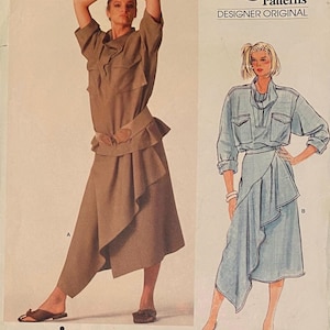 RARE Vintage Vogue Issey Miyake Blouse w Sleeve Options and Skirt w Asymmetrical Hem Size 8 Pattern 1384