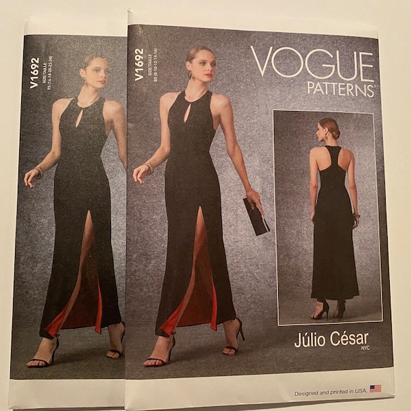 Vogue Misses’ Júlio César Maxi Length Dress with Racer Back, Keyhole Front and High Slit Size 8-24 Pattern V1692