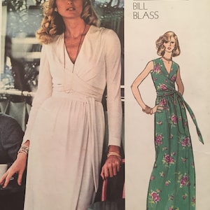 Vogue Americana Bill Blass Fitted Surplice Front Mock Wrap Dress with Sleeve or Sleeveless Option & Knee or Maxi Length Size 10 Pattern 1015