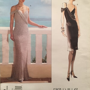 Vogue Bellville Sassoon Cocktail/Evening Gown w Close Fit, Asymmetrical Draped Front, Shoulder Straps, Uncut Size 6-22 Pattern 2359