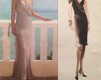 Vogue Bellville Sassoon Cocktail/Evening Gown w Close Fit, Asymmetrical Draped Front, Shoulder Straps, Uncut Size 6-22 Pattern 2359