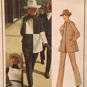 May include: A vintage Vogue Paris Original sewing pattern featuring a black and white color block coat and pants ensemble. The image includes a drawing of a tan coat and pants outfit. The brand Givenchy is visible at the bottom.