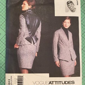 May include: A sewing pattern for a jacket and skirt set. The pattern is for sizes 8-10-12. The pattern is from Vogue Attitudes and the pattern number is 1843.