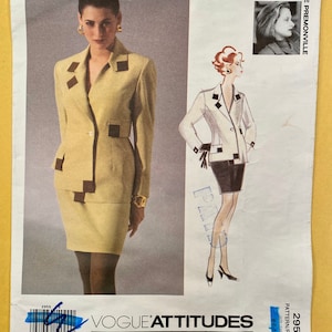May include: A sewing pattern for a two-piece suit with a blazer and skirt. The pattern is for sizes 6-8-10 and is from Vogue Attitudes International. The pattern features a black and white geometric design.