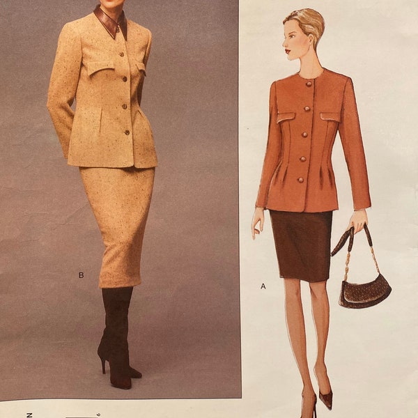 Vogue American Designer Geoffrey Beene Misses' Semi-Fitted Jacket w Detachable Collar, Skirt w Back Slit in 2 Lengths Size 6-10 Pattern 2575