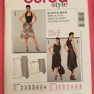 Burda Style Sleeveless Dress and Skirt, Princess Seams with Asymmetrical Hem and Back Godet, Easy Sew Sizes 6-18 and Eur 32-44 Pattern 7374
