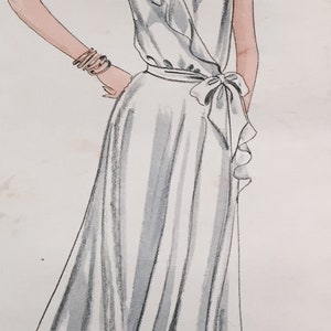 May include: A vintage Vogue Patterns sewing pattern for a white halter dress with a wrap bodice and a bow at the waist. The pattern number is 2930.