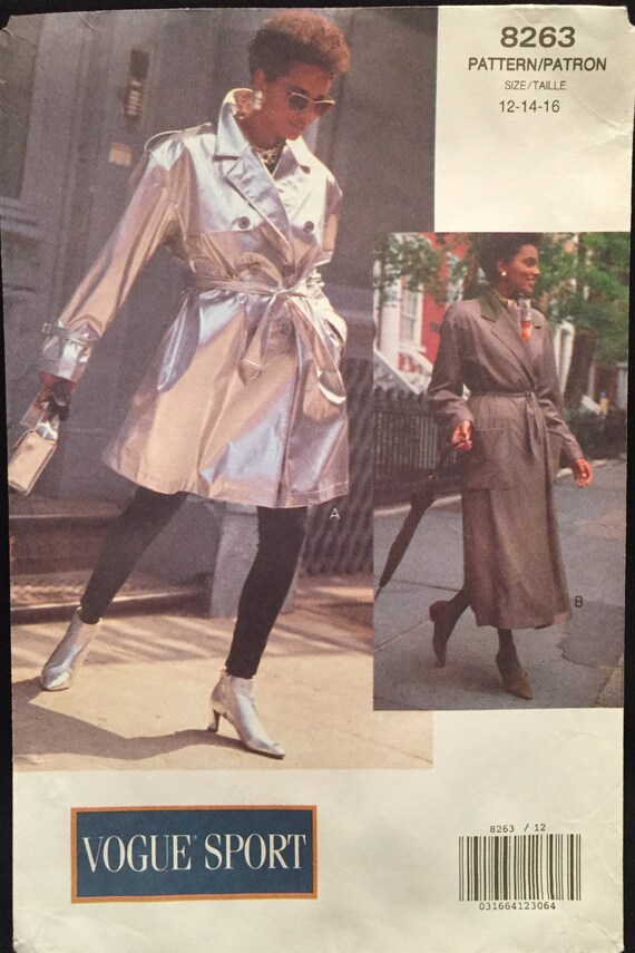 Vogue Sport Unlined Trench/Raincoat Double Breasted or Wrap Jacket/Coat Above Knee /Below Calf, Back Vent and Belt Size 6-8-10 Pattern 8263