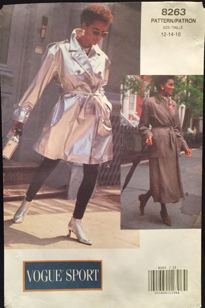 Puede incluir: Patr&oacute;n de costura Vogue Sport n&uacute;mero 8263 para una gabardina. El patr&oacute;n incluye dos estilos diferentes, uno en plata y otro en marr&oacute;n. El patr&oacute;n es para las tallas 12-14-16.