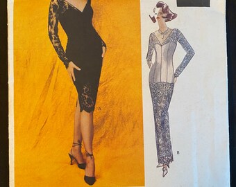 RARE Vintage Vogue Attitudes Badgley Mischka V-Neck Cocktail/ Evening Dress, Gown, Lace Skirt Size 12-14-16 Pattern 1050 UC/FF