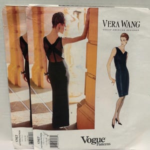 May include: Vogue American Designer Vera Wang sewing pattern 1767 featuring two dress variations. View A is a knee-length sleeveless dress, and View B is a floor-length gown with a sheer back panel featuring crisscross straps and side buttons.