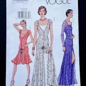 May include: A Vogue sewing pattern envelope 7571 for sizes 8, 10, 12. The illustration shows three dress variations: a knee-length coral lace dress, a floor-length white lace gown, and a floor-length purple lace gown with a side slit and long sleeves.