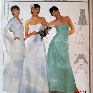 May include: A Burda sewing pattern for wedding dresses, featuring three different dress styles. The pattern includes a strapless white gown, a light blue gown with a matching jacket, and a strapless seafoam green gown. The pattern number is 8320.