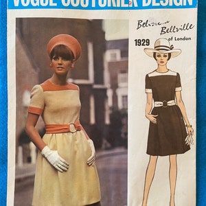 RARE Vintage Vogue Couturier Design Belinda Bellville Jewel Neck, Short Sleeve Dress, Colour Block, Pockets, & Belt Size 12 Pattern 1929