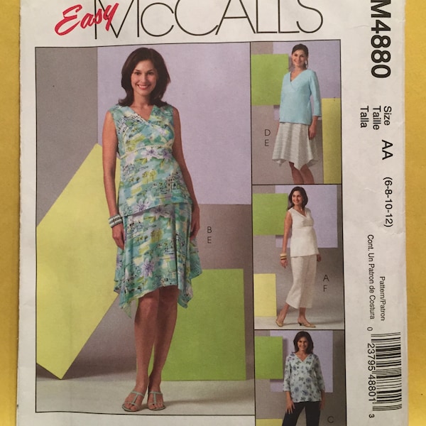 McCall's Maternity Surplice Front Top with Sleeve Options, Skirt with Asymmetrical Hem and Pants in Two Lengths Size 6-12 Pattern M4880