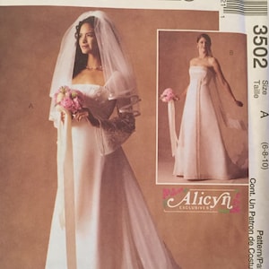 McCall&#39;s Miss/ Miss Petite Alicyn Exclusive Wedding Gown Strapless or Sheer Bell Sleeve, Overskirt, Detachable Train Size 6-10 Pattern 3502