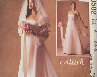 McCall's Miss/ Miss Petite Alicyn Exclusive Wedding Gown Strapless or Sheer Bell Sleeve, Overskirt, Detachable Train Size 6-10 Pattern 3502
