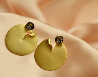Gold textured earrings, Swarovski crystal earrings, festive earrings, Christmas gift for mom from daughter, circular edgy earrings