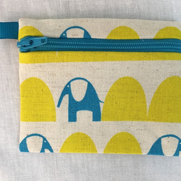 Linen/Cotton Elephant  Zipper Coin Purse, Credit Card, Earbud, Music Player Pouch