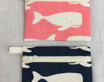 Linen/Cotton whale Flat Zipper Coin Purse, Credit Card Wallet, Earbud Pouch, IPod Holder