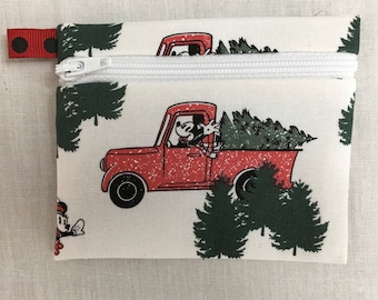 Mickey Mouse Christmas Truck Flat Zipper Coin Purse, Credit Card Wallet, Earbud Pouch