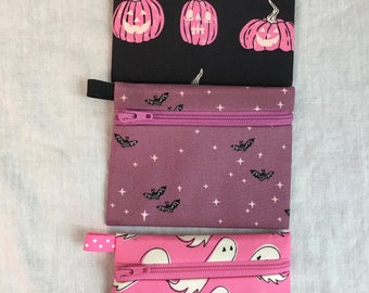 Halloween Bat, Ghost or Pumpkin Flat Zipper Coin Purse, AirPod Case, Credit Card Wallet, Earbud Pouch - New Color