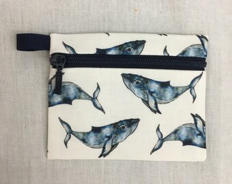 Blue Whales Flat Zipper Coin Purse, Credit Card Wallet, Earbud Pouch, IPod Holder