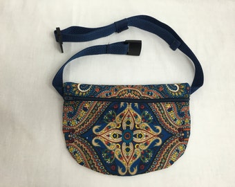 Navy Paisley Flat Zipper Fanny Pack, Waist Bag, Hip Pouch, Festival Bag-Choose Color