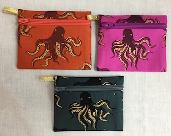 Metallic Octopus Flat Zipper Coin Purse, Credit Card Wallet, Earbud Pouch, IPod Case