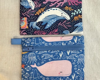 Pink or White  Whale Flat Zipper Coin Purse, Earbud Pouch, Credit Card Wallet, AirPod Case - Choose Color