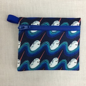 Navy Narwhal Flat Zipper Coin Purse, Credit Card Wallet, Earbud Pouch, IPod Holder