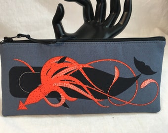 Squid and Whale Padded Pencil Bag, Glasses Case, Gadget Bag, Money Pouch