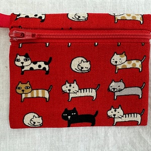 Japanese Cat Red Linen Cotton Coin Purse, Credit Card Wallet, Earbud Case, Pocket Coin Purse