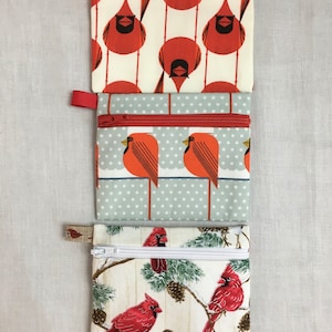 Algodón orgánico Cardinal Bird Zipper Coin Purse, billetera de tarjeta de crédito, bolsa para auriculares, soporte para iPod