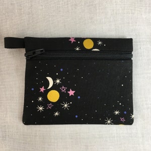 Maan, zon en sterren platte rits munt portemonnee, credit card portemonnee, oordopjes etui, iPod houder