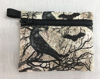 Raven and Bats Flat Zipper Coin Purse, Credit Card Wallet, Earbud Pouch, IPod Holder