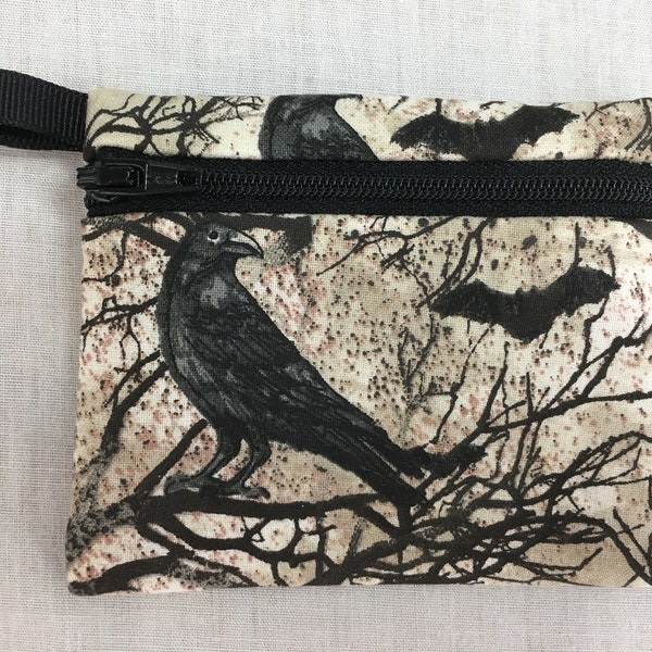 Raven and Bats Flat Zipper Coin Purse, Credit Card Wallet, Earbud Pouch, IPod Holder