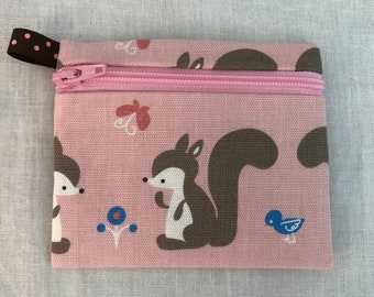 Linen/Cotton Squirrel  Zipper Coin Purse, Credit Card Case, Earbud Pouch, IPod Holder - Choose Color