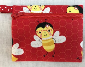 Cute Bees Flat Zipper Coin Purse, Credit Card Wallet, Earbud Pouch, Air Pod Case