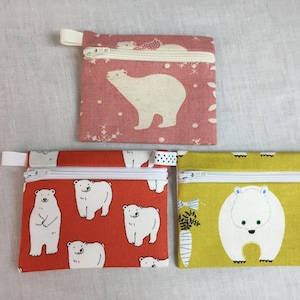 Polar Bear Cotton/Linen Zipper Coin Purse, Credit Card Case, Earbud Pouch, iPod Holder